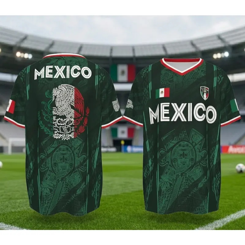 2026 Mexico soccer jersey—a retro-style shirt featuring a pattern of the Chichén Itzá pyramid