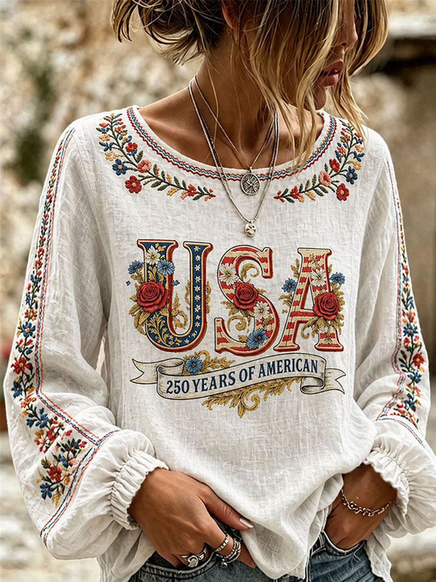Women'S Cotton Linen 250 Years Of America Print Casual Shirt