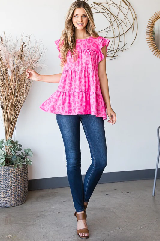 Tiered Leopard Round Neck Blouse with Ruffled Detail