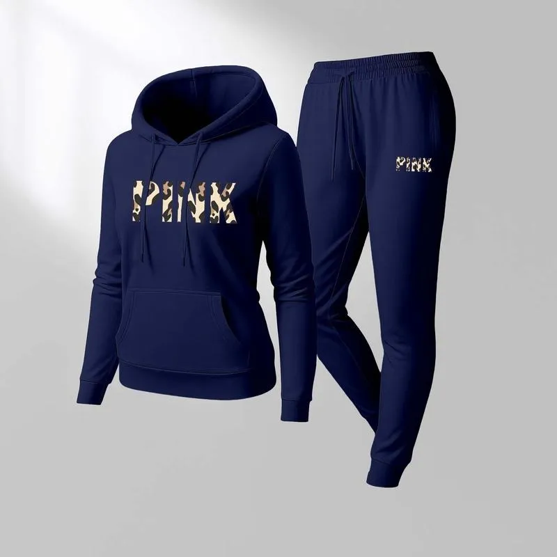 Women's Leopard Pink Print Hoodie & Drawstring Sweatpants Set