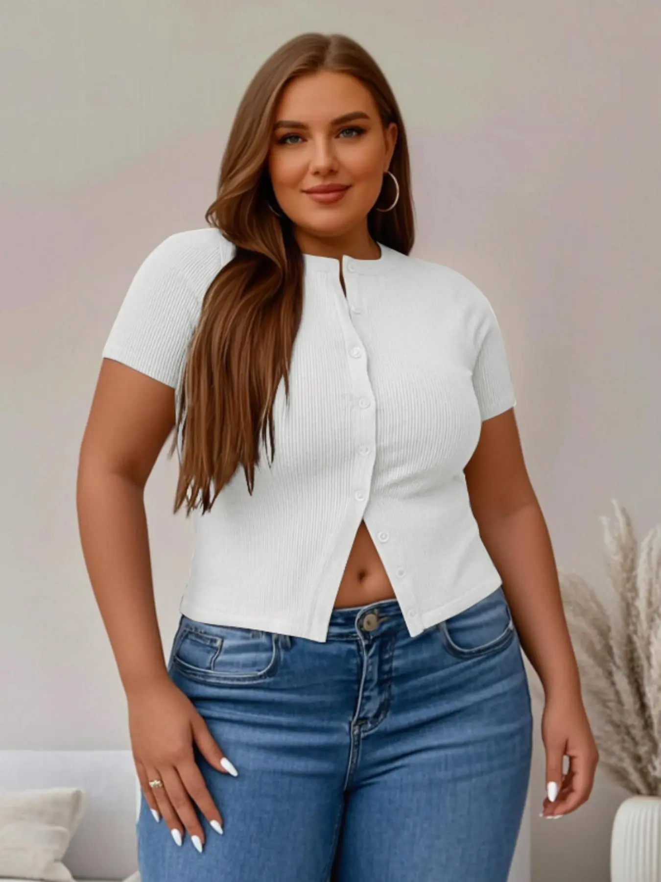 【Plus Size】 Solid Ribbed Short Sleeve Top, Casual Button Front Top for Summer, Women's Plus Clothing for Daily Wear