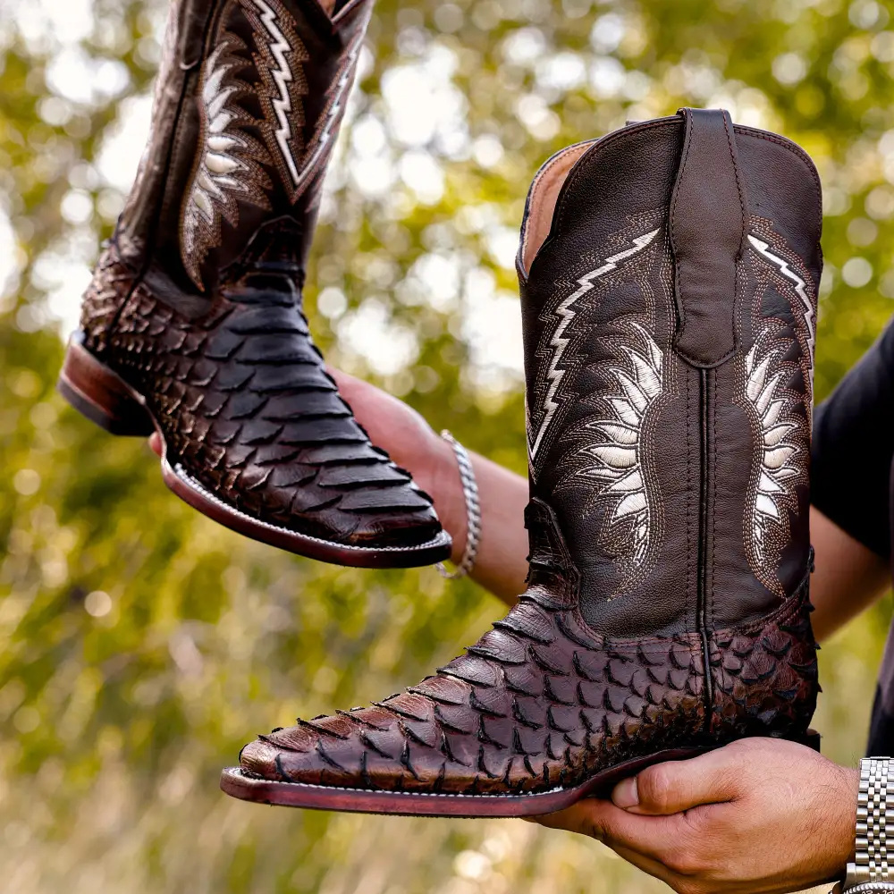 Brown Python Leather Boots - Square Toe