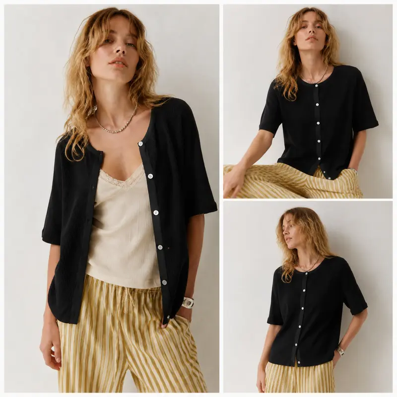 Women's Short-Sleeve Cardigan Sweater — Crew Neck, Soft Rib-Knit, Button-Front Top