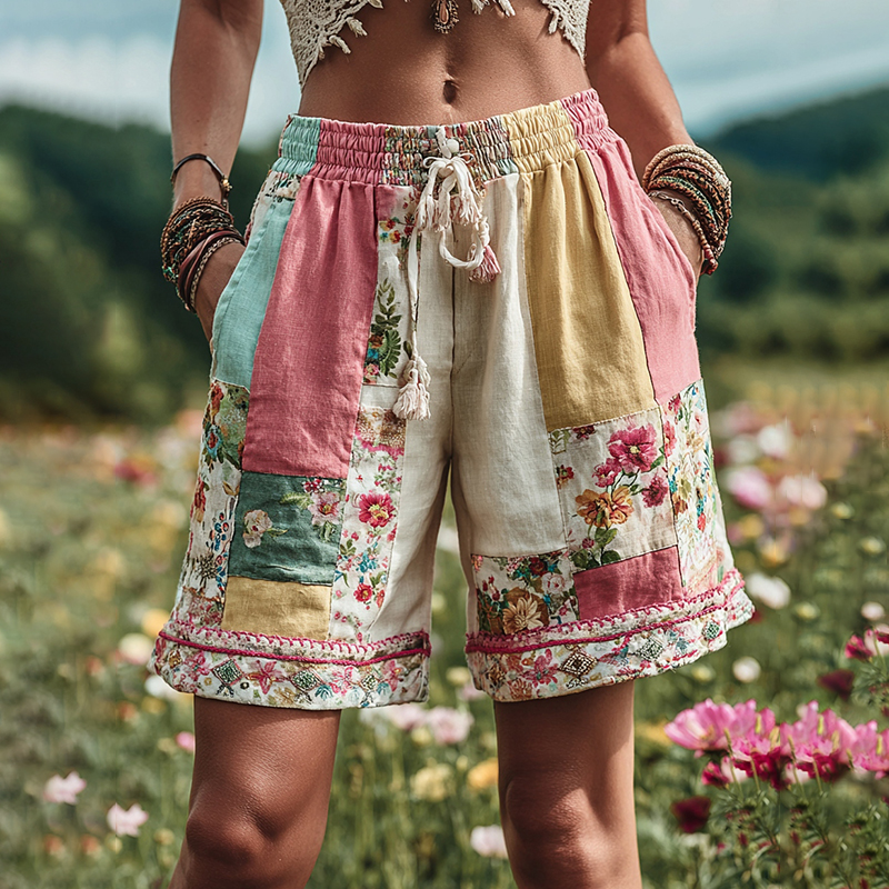 Women's Patchwork Floral Contrast Waist Drawstring Pocket Shorts
