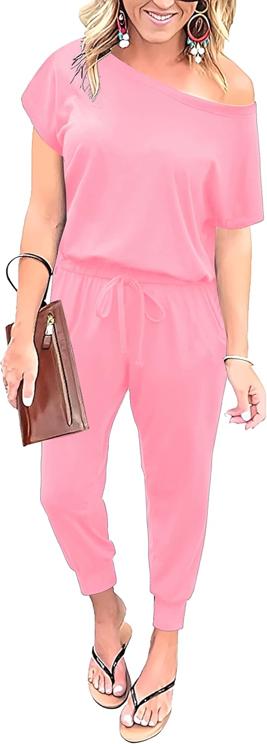 Summer Jumpsuit Rompers Off Shoulder for Women with Pockets Casual Elastic Waist