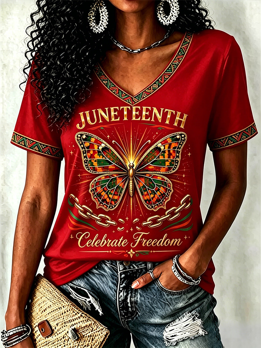 Women's Juneteenth  Print Casual V-Neck Tee