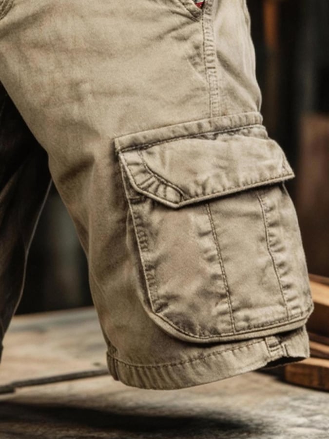 Men's Retro Outdoor Washed & Distressed Multi-Pocket Functional Cargo Shorts