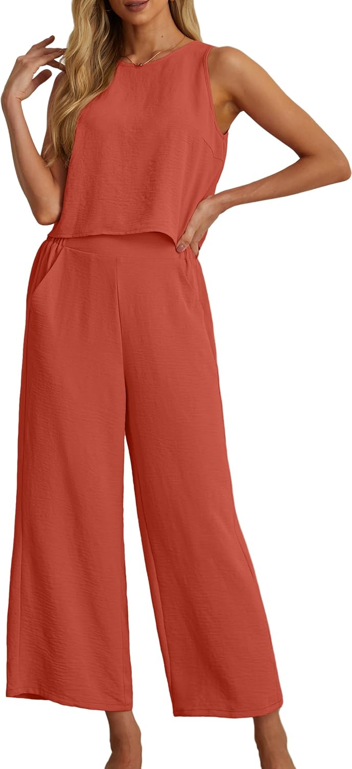 Women's Summer 2 Piece Outfits Set Round neck Sleeveless Tank Crop Top Wide Leg pants Set Pockets Jumpsuits