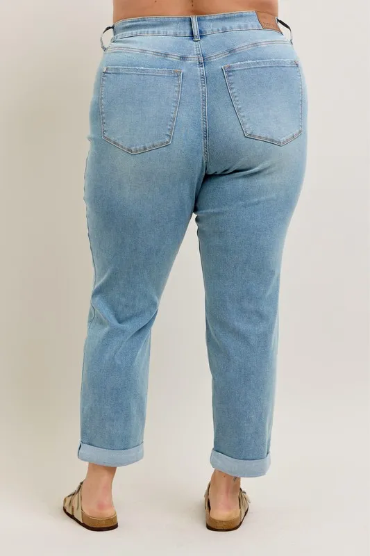Blue Full Size V-Front Cuff Boyfriend Jeans Plus Size
