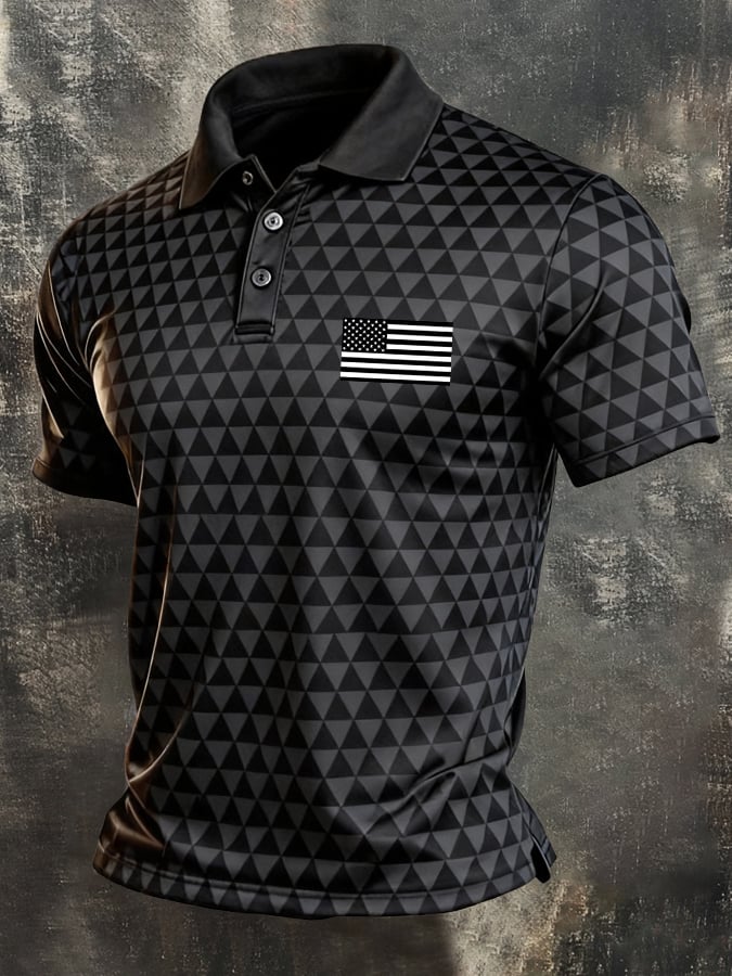 Men's Retro Patriotic Color-Block Short-Sleeve Polo Shirt