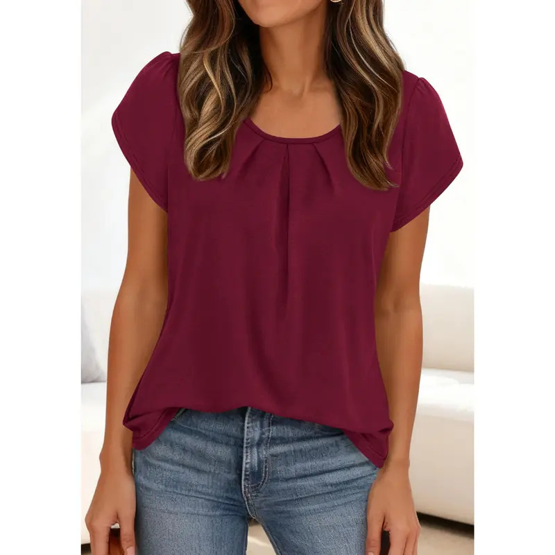 Women's Basic Crew Neck T-Shirt with Pleats