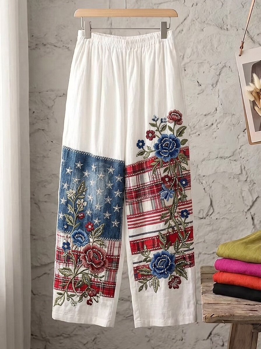 Women's Independence Day Floral Art American Flag Print Casual Wide Leg Pants