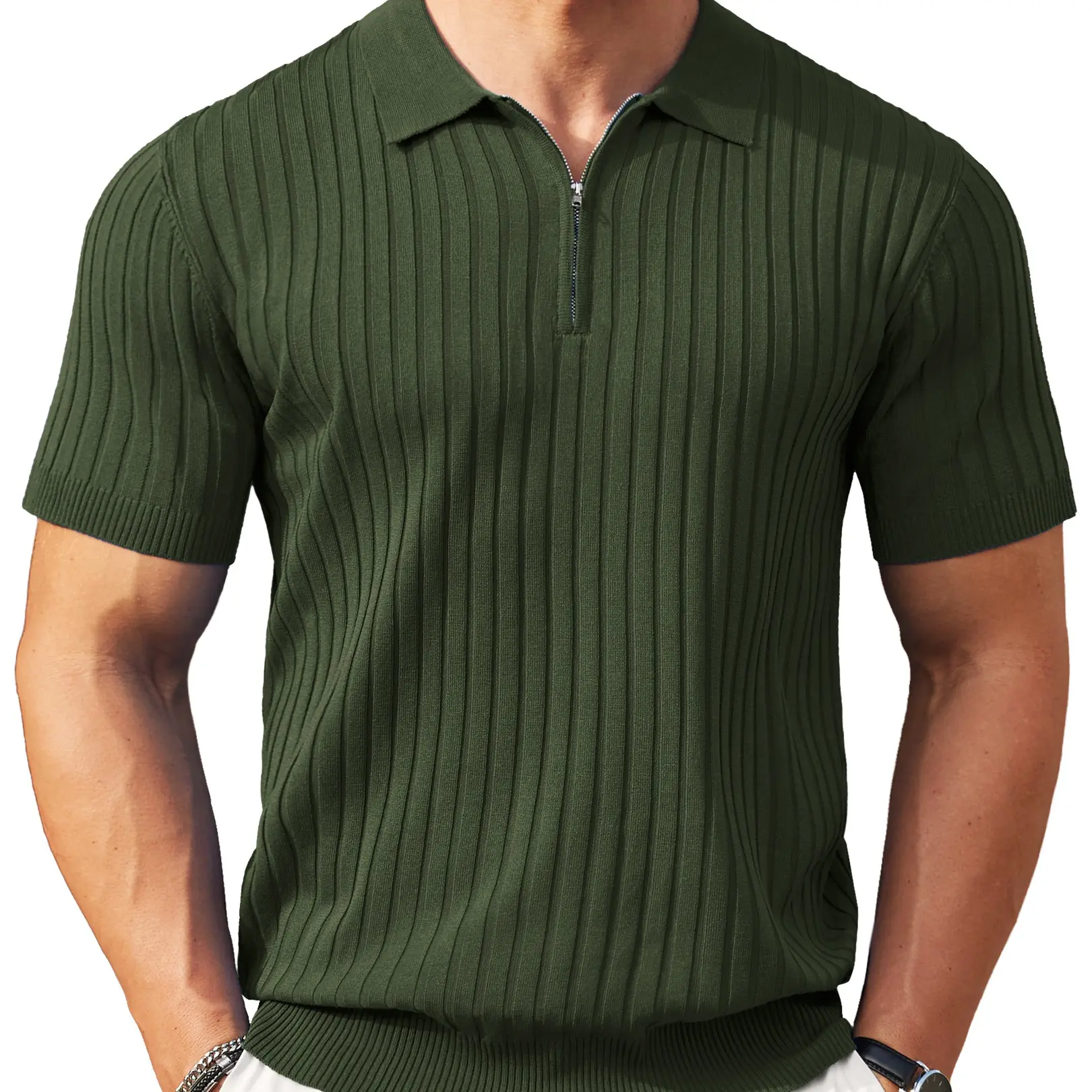 New York Fashion Week Men's Zipper Polo Shirts Short Sleeve Ribbed Knit Polo T Shirts
