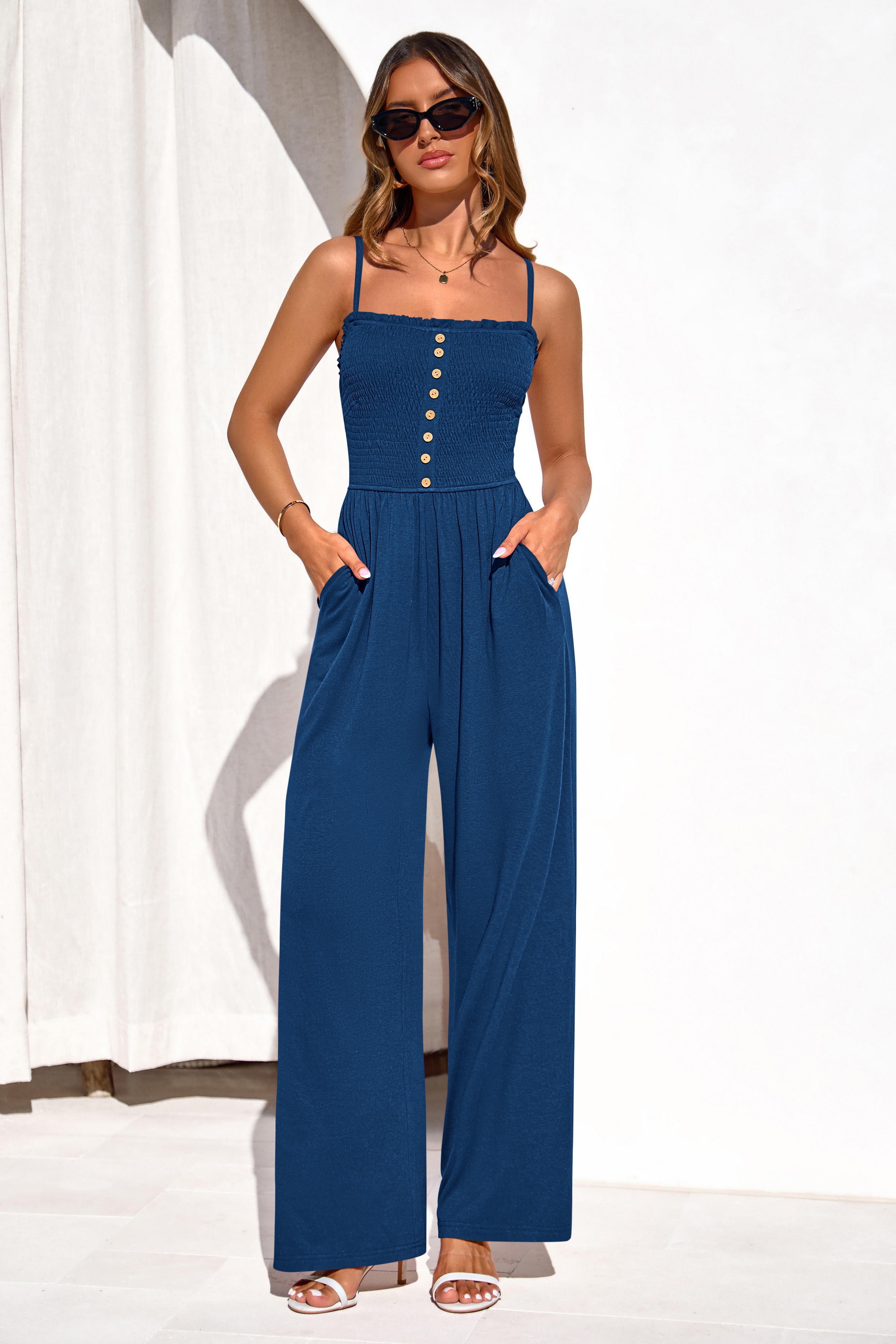 Jumpsuits for Women Summer Sleeveless Smocked Button Wide Leg Rompers