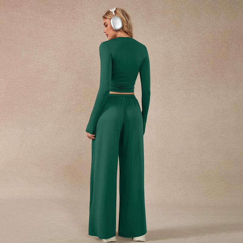 Women’s Long-Sleeve Crop Top & Wide-Leg Pants Activewear Set