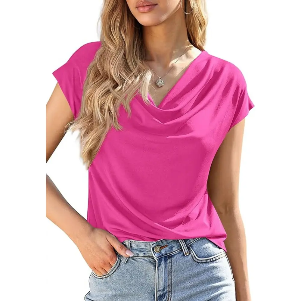 Women's Cowl-Neck Short-Sleeve Top — Elegant Casual Wear, Summer Shirt