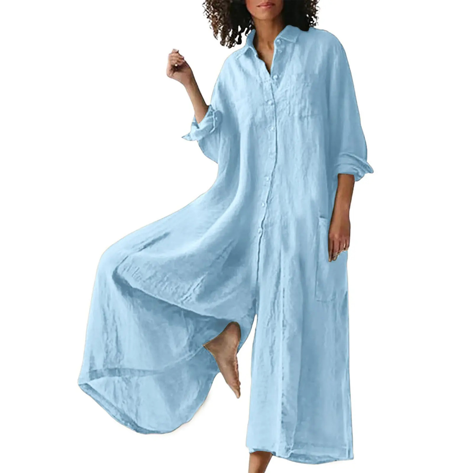 Women's Linen Long-Sleeve Button-Front Wide-Leg Jumpsuit