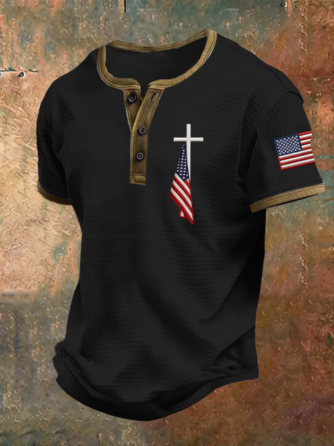 Men'S American Flag Printed Henry Collar Top