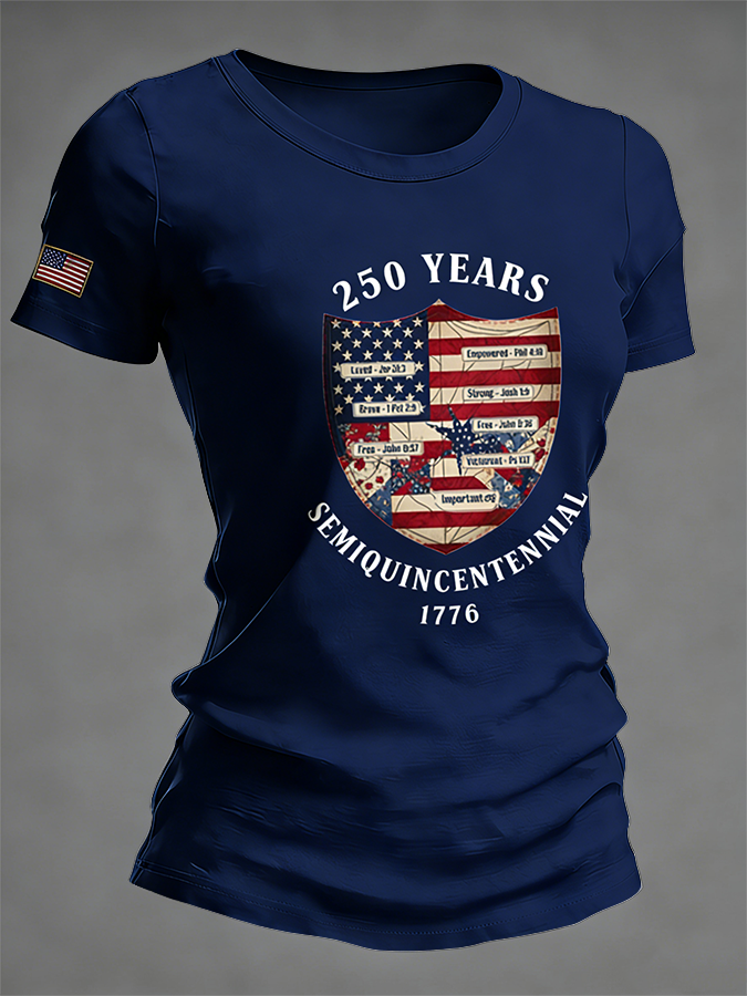 Women's 250 YEARS Semiquincentennial Shield Bible Verse Print T-Shirt