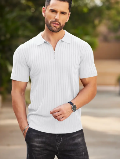 New York Fashion Week Men's Zipper Polo Shirts Short Sleeve Ribbed Knit Polo