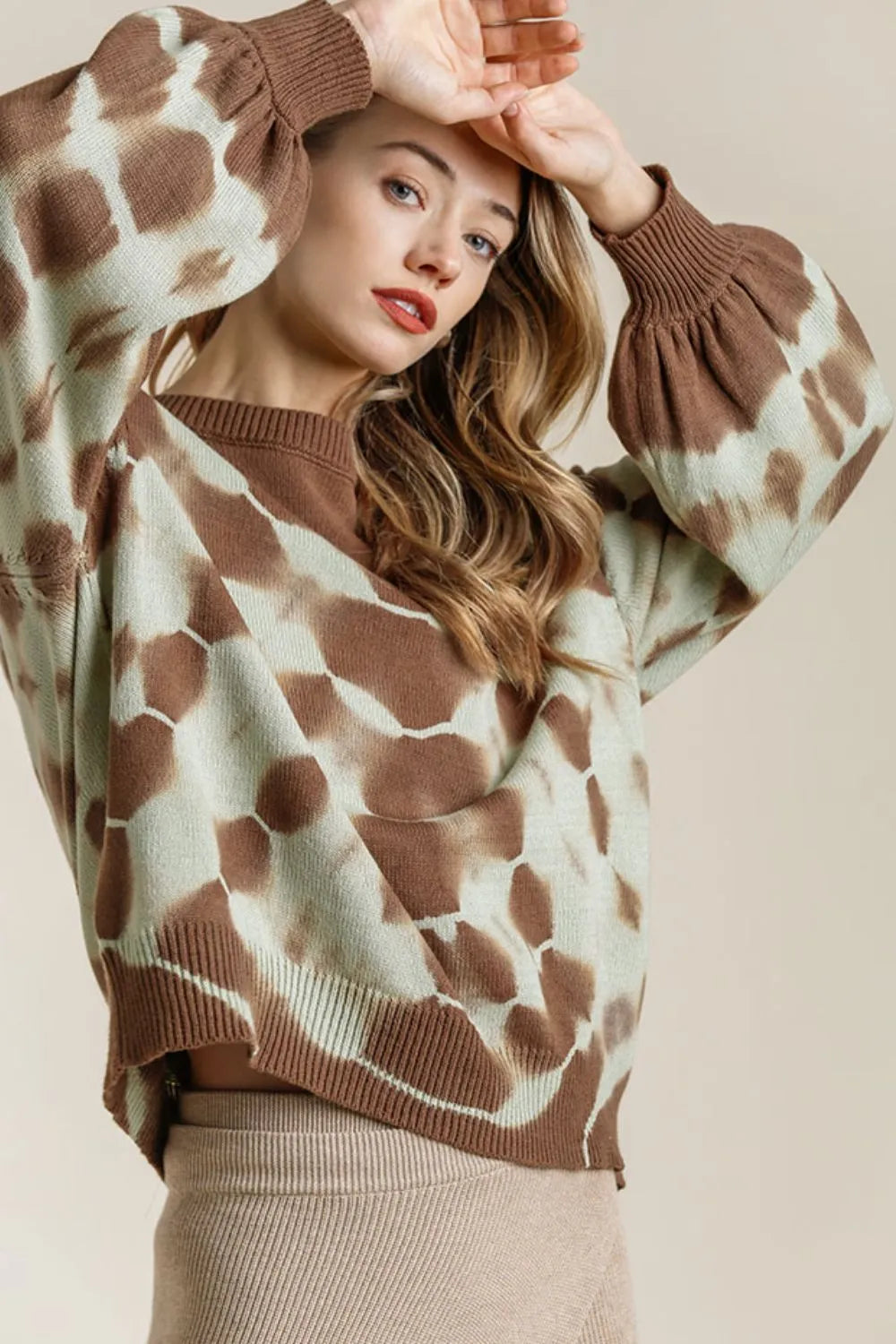 Full Size Ribbed Hem Tie Dye Round Neck Sweater Plus Size