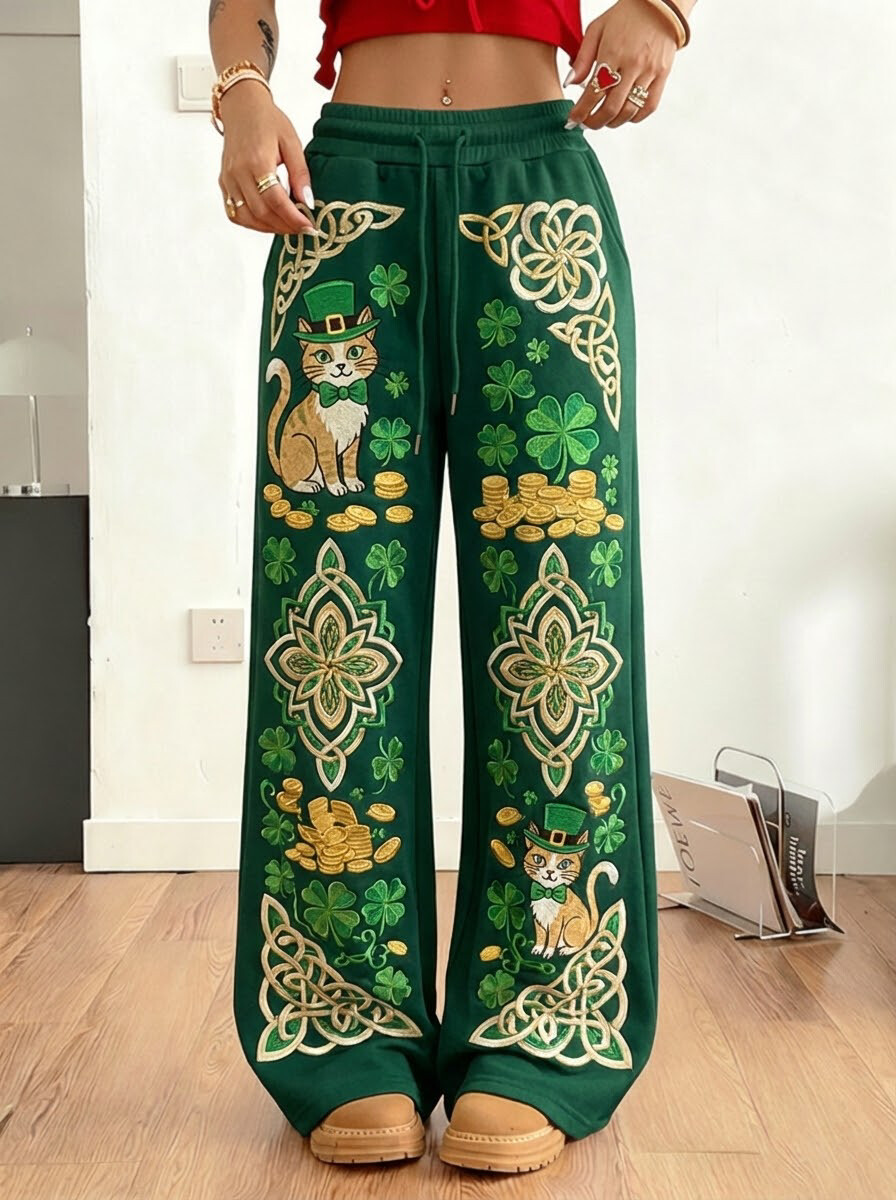 Women's Leprechaun Cat St. Patrick's Day Coin Art Print Loose Fit Sweatpants