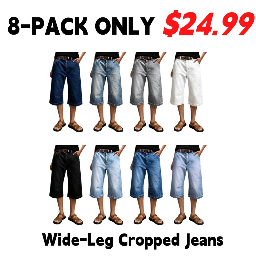 Washed Denim Cropped Jeans — High-Waisted, Wide-Leg with Detailed Stitching