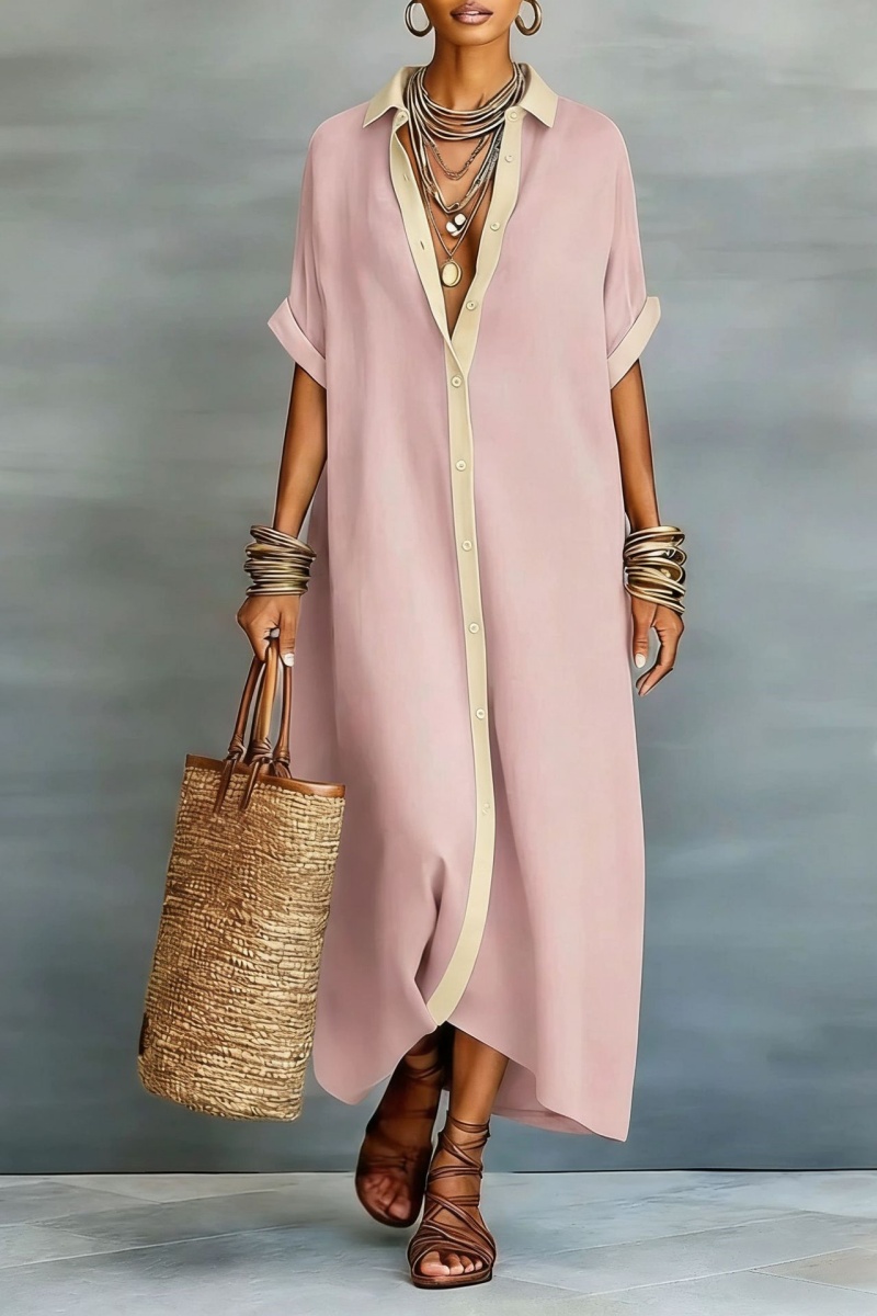 Women's Minimalist Linen Blend Short-sleeved Shirt Maxi Dress