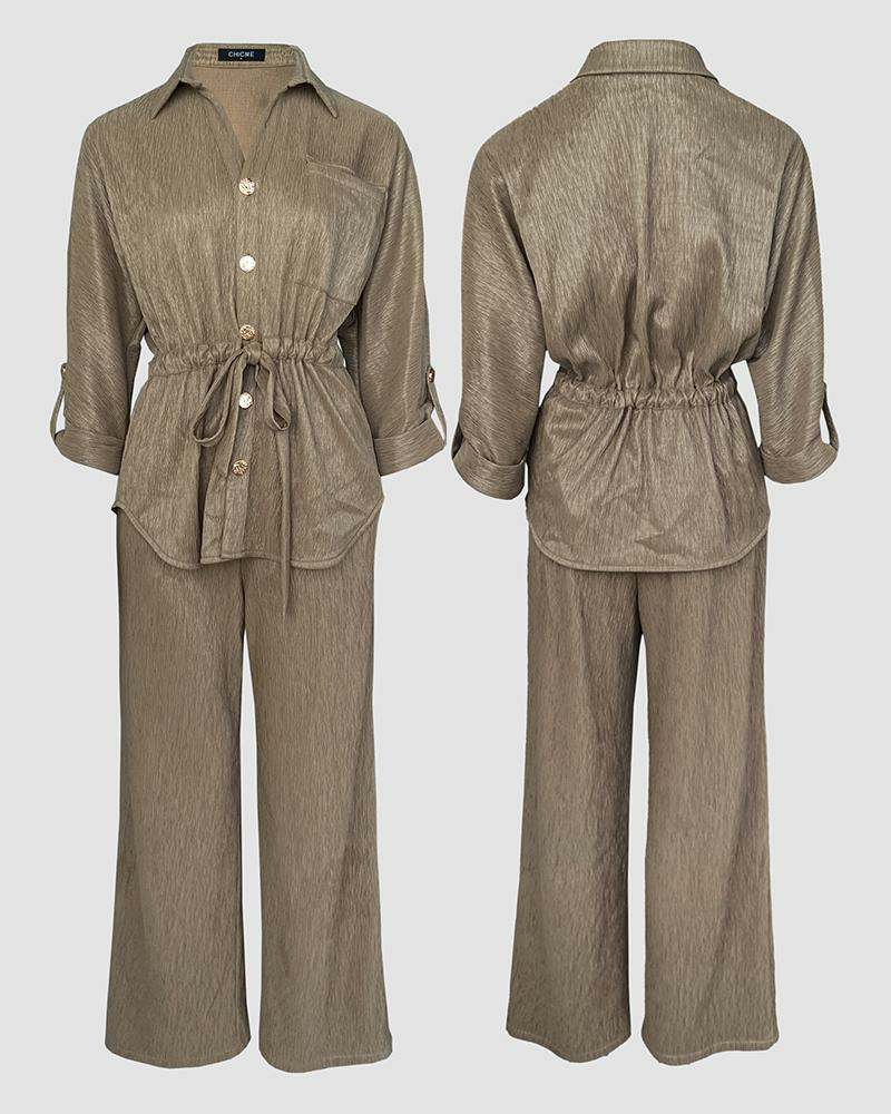 Women's 2 Piece Outfit Vintage Textured Drawstring Waist Turn-down Collar Button Down Top & Elastic Waist Wide Leg Pants Set