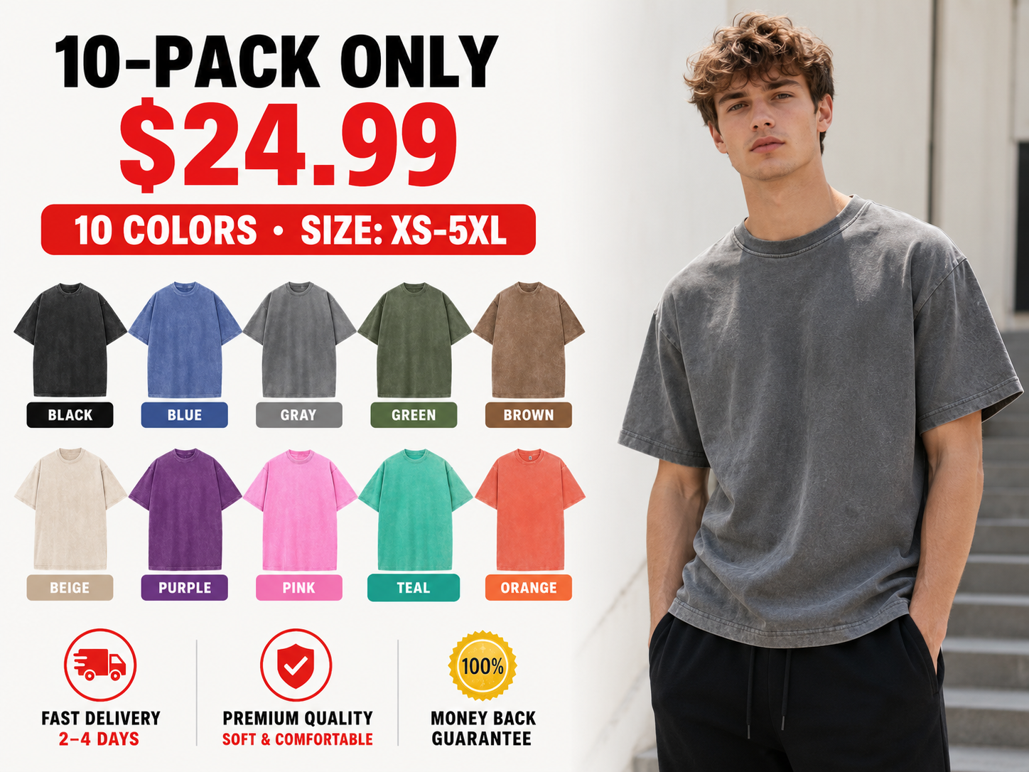 Retro Heavyweight Pure Cotton T-Shirt — Acid-Washed, Distressed, Loose-Fit Casual Top