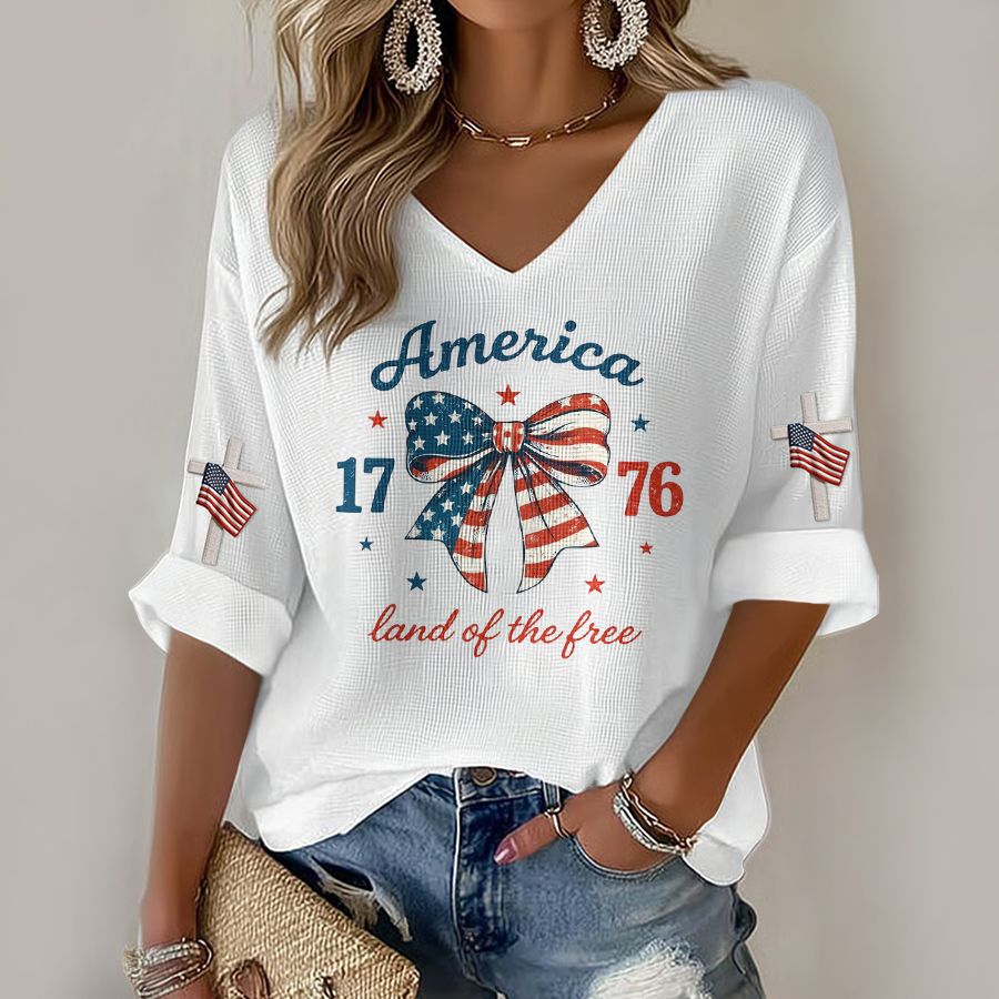 Women'S V-Neck Casual Cotton And Linen T-Shirt
