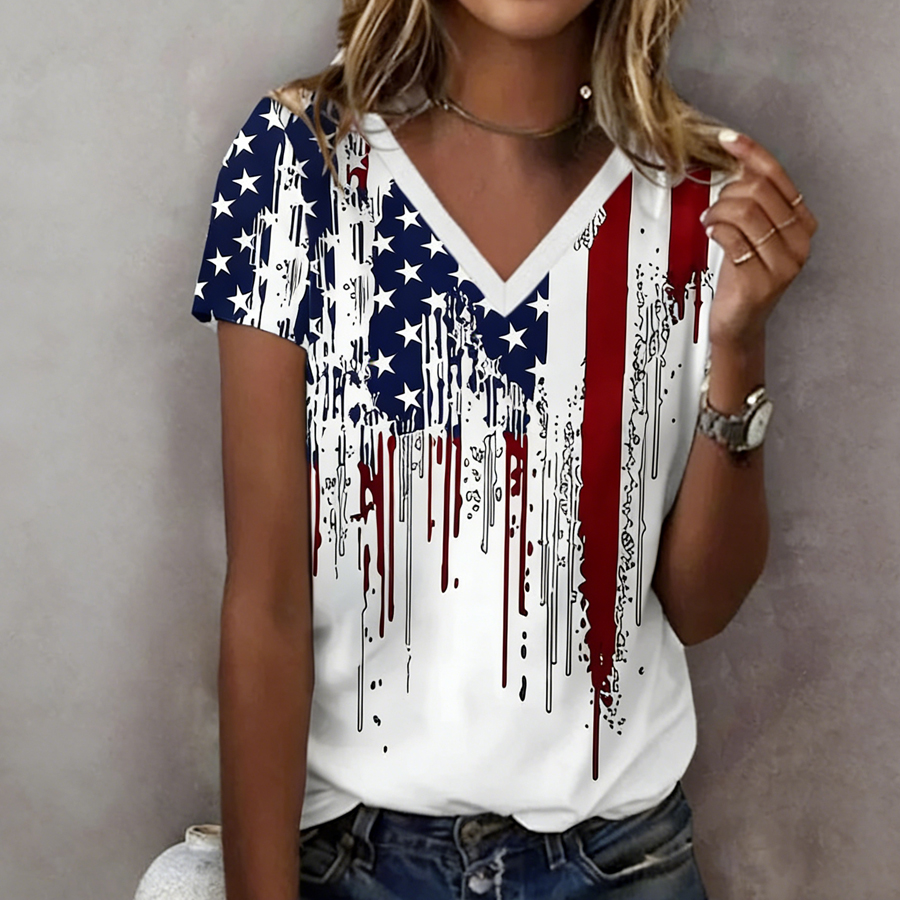 Women'S Independence Day (National Flag) Short Sleeved T-Shirt V-Neck Printed Casual Top