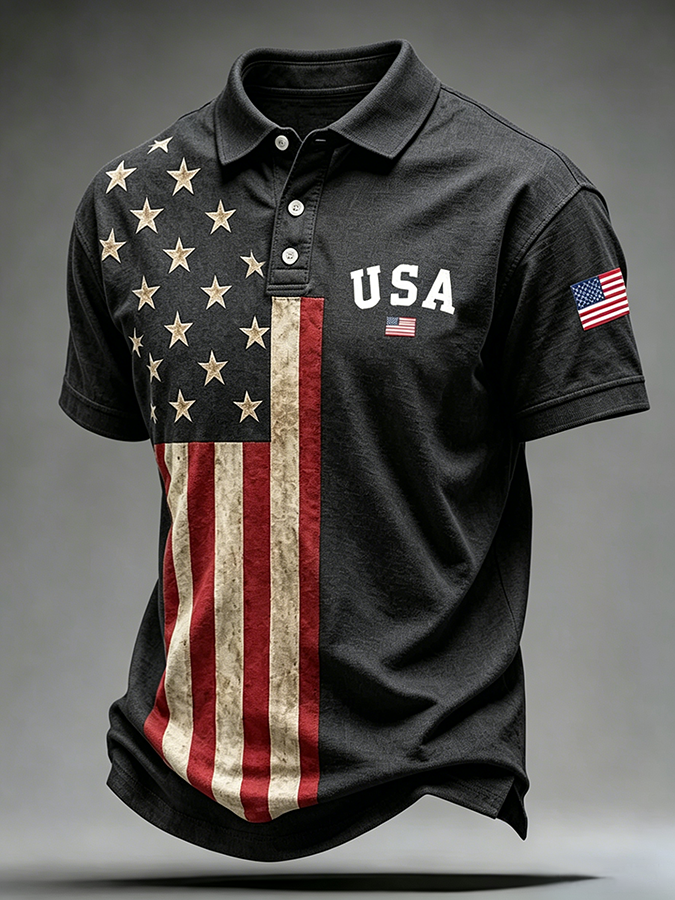 Men'S Casual USA Commemorative Embroidered Printed Lapel Shirt