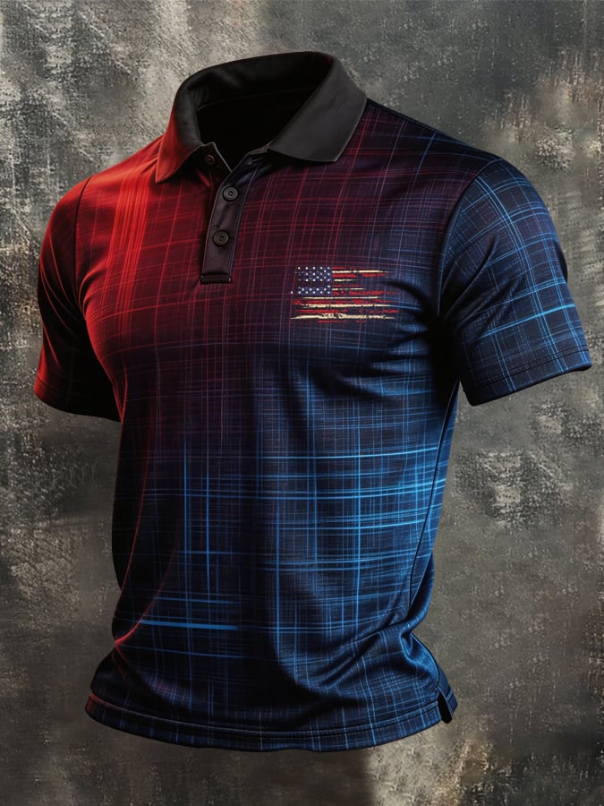 Men's Retro Patriot Color Block Polo Collar Short Sleeve