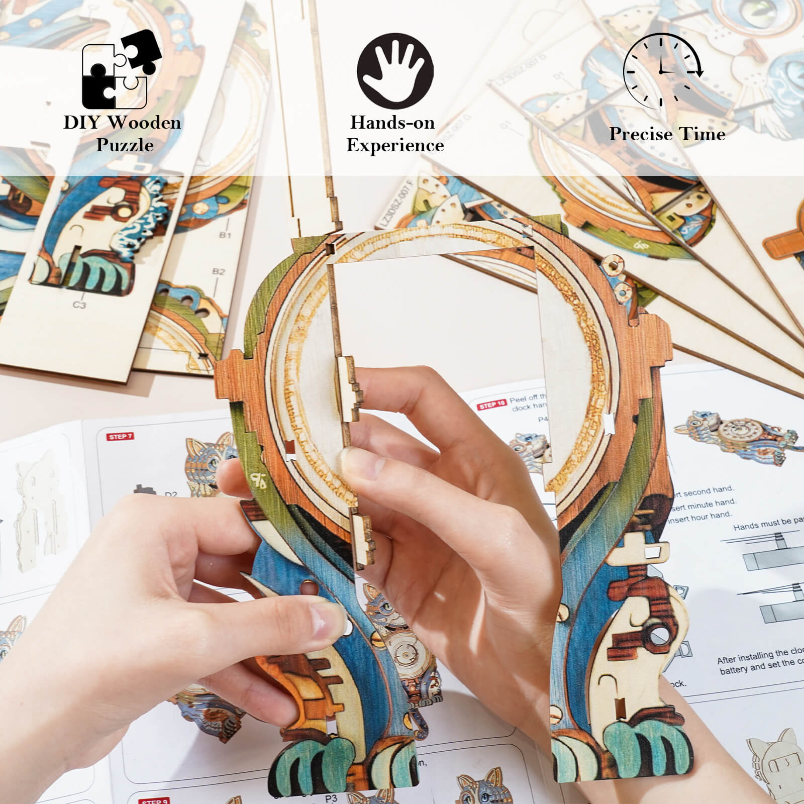 Cat Detective– DIY Wooden Clock, 3D Puzzle Craft Kit