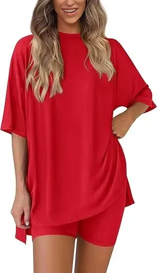 🔥Women's Two Piece Lounge Set 2026 Summer Casual Oversized Shirts Biker Shorts Matching Airport Travel Outfit