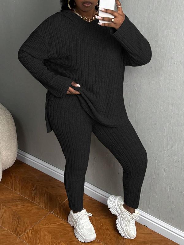 [Plus Size]Women's Two-Piece Set Solid Textured Ribbed Drop Shoulder Hoodie & Elastic Waist Pants, Casual Fashion Cozy Ribbed Outfits