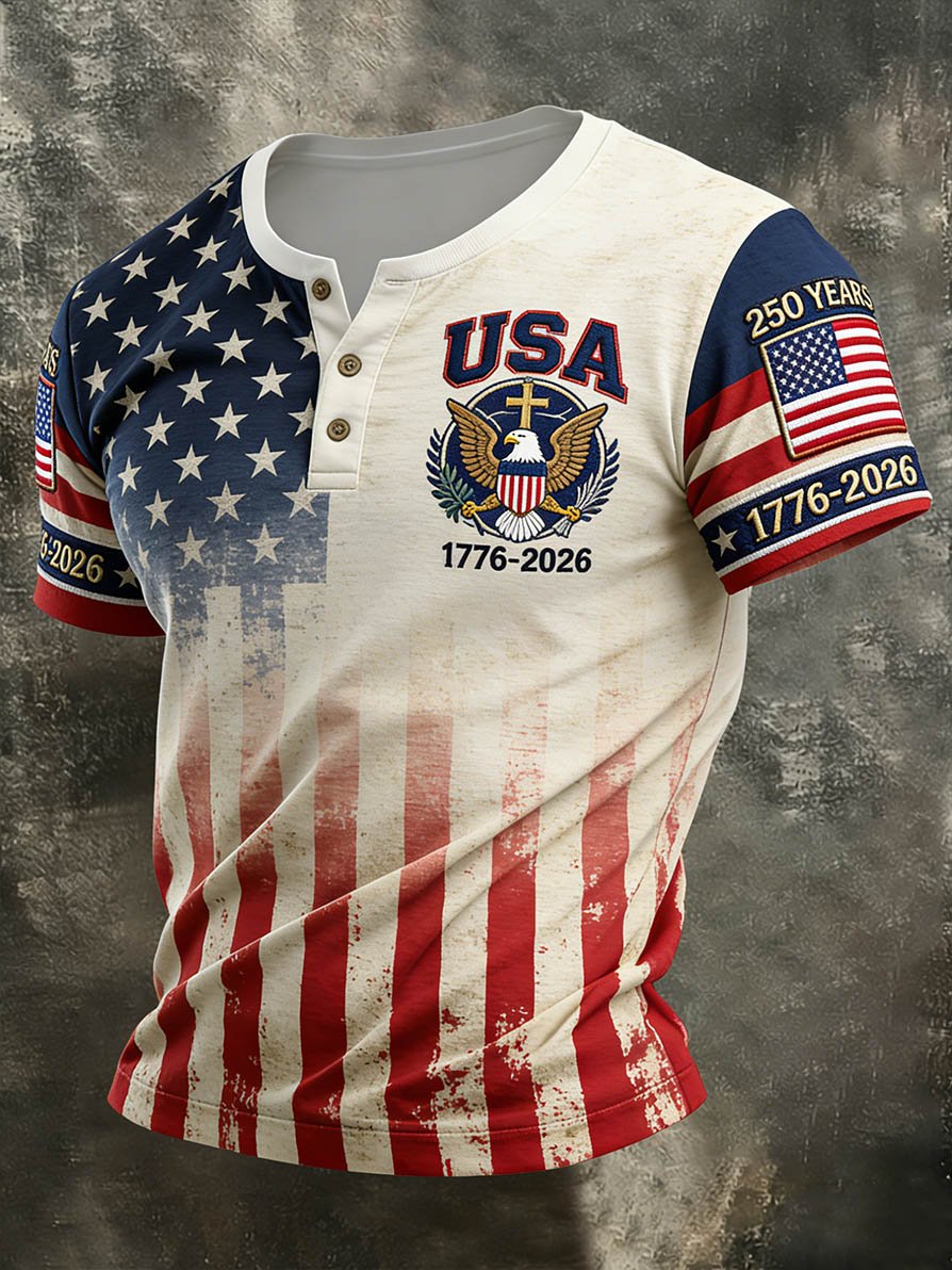 Men's 250th Anniversary of the Founding of the United States Printed Casual Henley Shirt