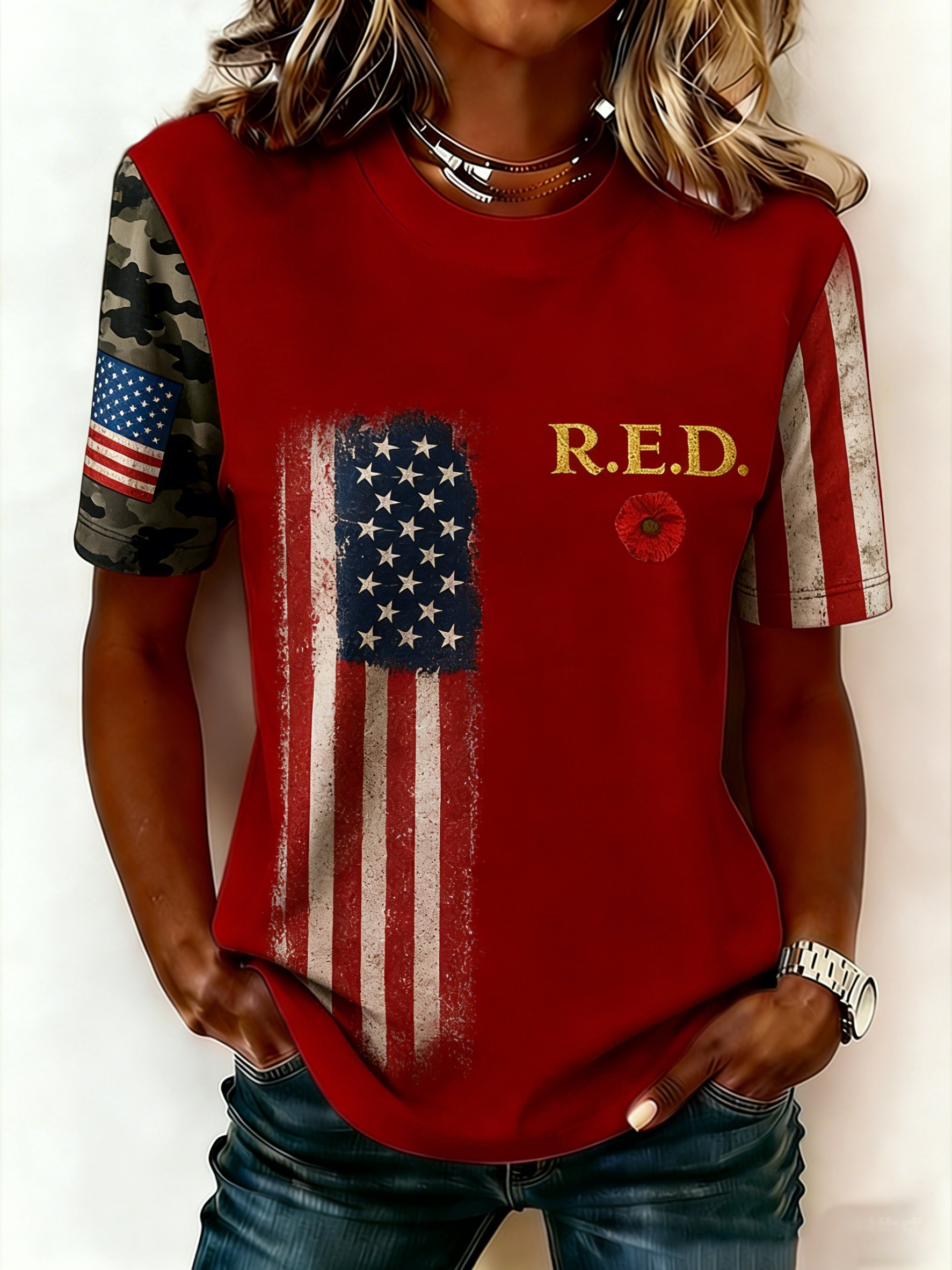 Women's Casual Red Friday Print Short-Sleeve T-Shirt