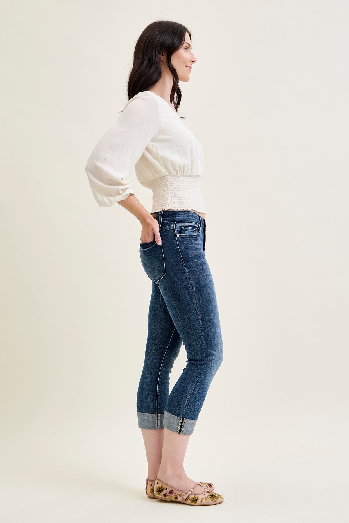 Maddy Mid Rise Dark Wash Cuffed Capri Jeans
