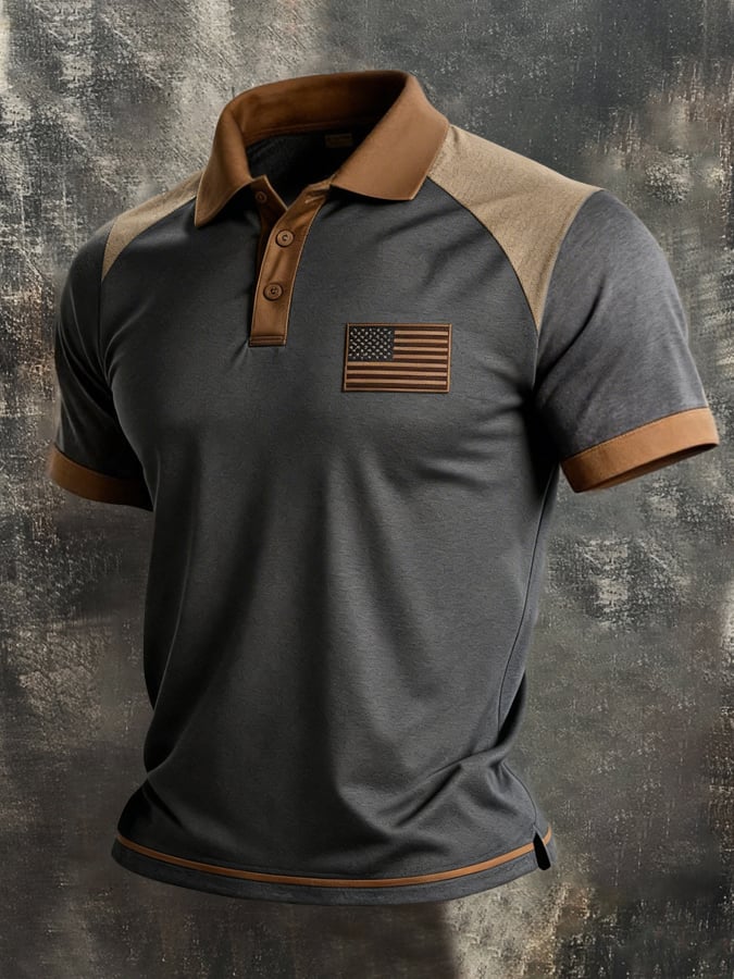 Men's Retro Patriot Color Block Polo Collar Short Sleeve