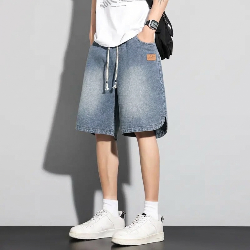 Men's Mid-Length Denim Shorts with Starry Sky Pattern