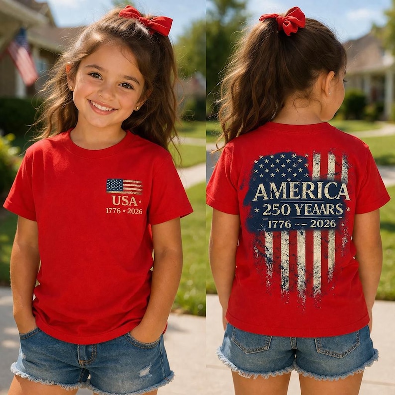 America 250 Years Kids Shirt, 1776 2026 USA Flag Tee, Patriotic Boys T-Shirt, Double Sided Red Top, 4th Of July Youth Shirt, USA Boy