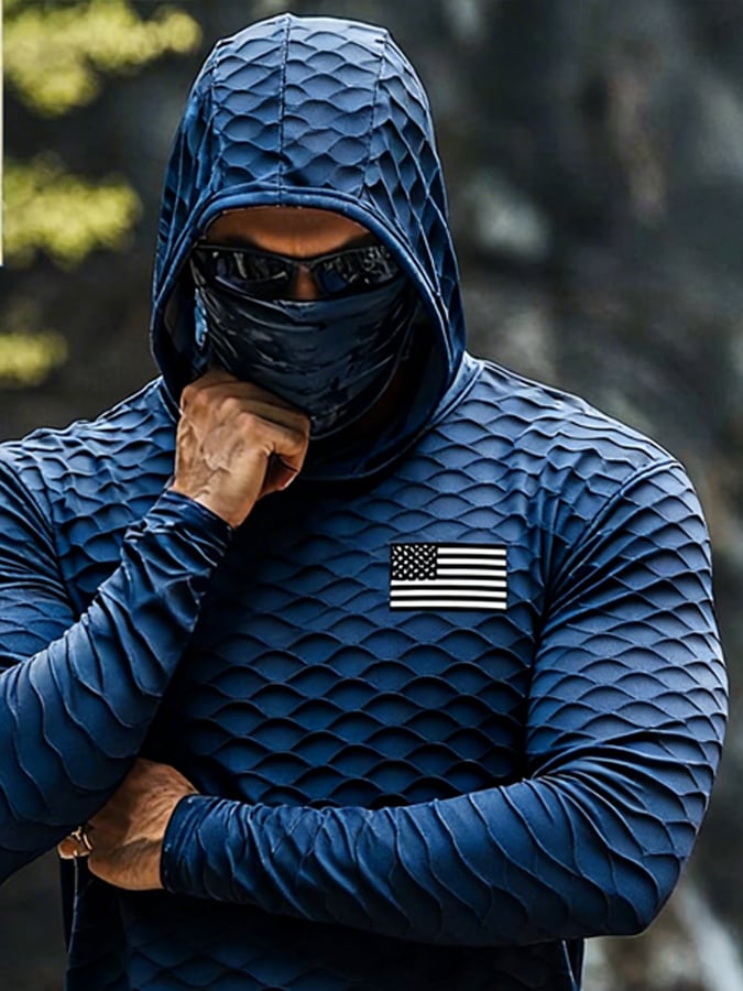 Men'S Outdoor Sun Protection Top: Breathable, Cooling, Long-Sleeve Hoodie With Built-In Face Mask And Contrast Print