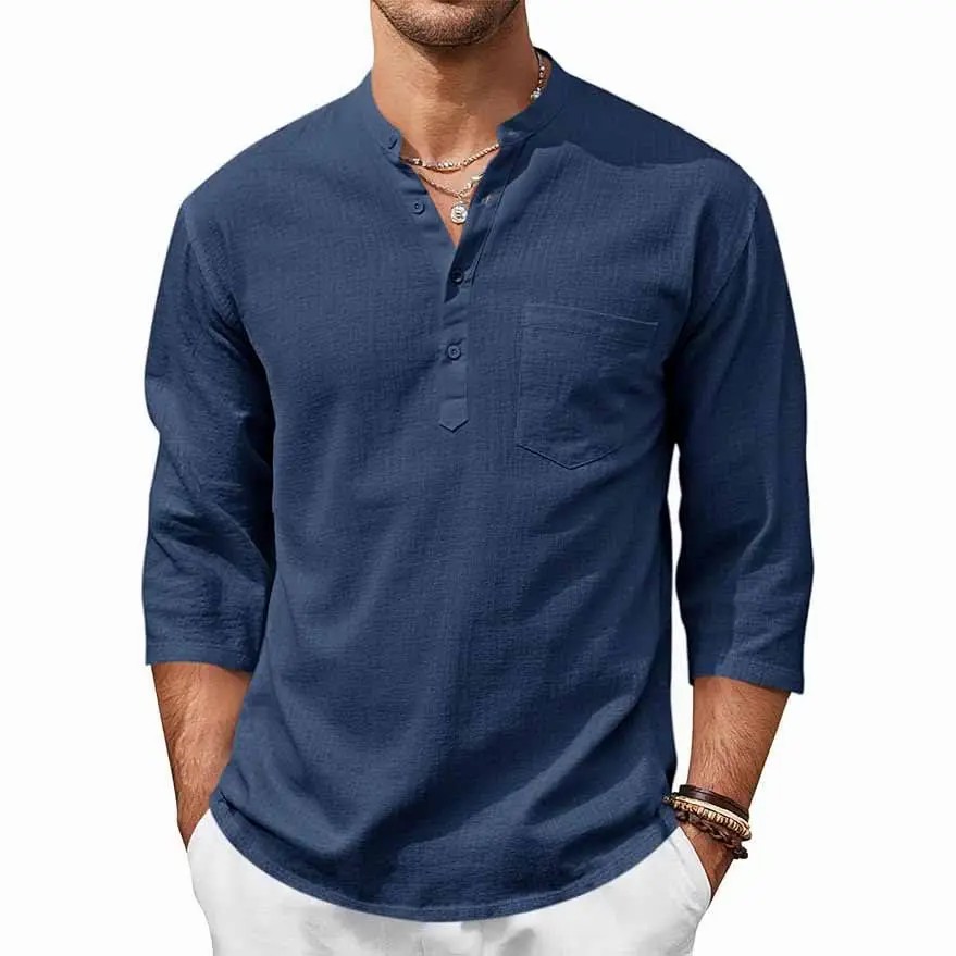 🌴🌴  Men's Coastal Henley Linen Blend Shirt – 3/4 Sleeve Summer Essential