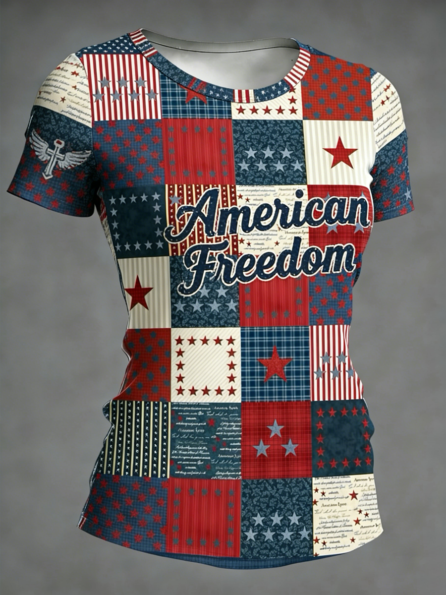 Women's American Freedom Vintage Patriotic Flag & Cross Casual T-Shirt