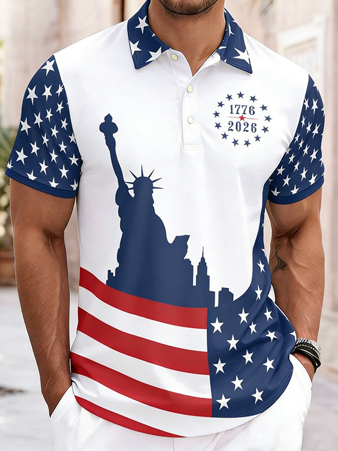 Men'S Casual American Pentagram Flag 1776-2026 Statue Of Liberty Personalized Printed Lapel T-Shirt