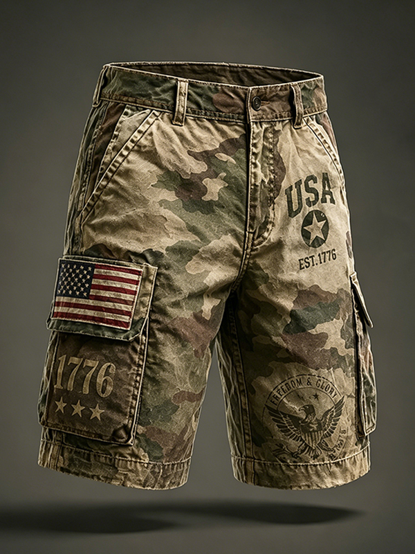 Men's USA 1776 American Anniversary Camouflage Art Print Denim-Like Casual Shorts
