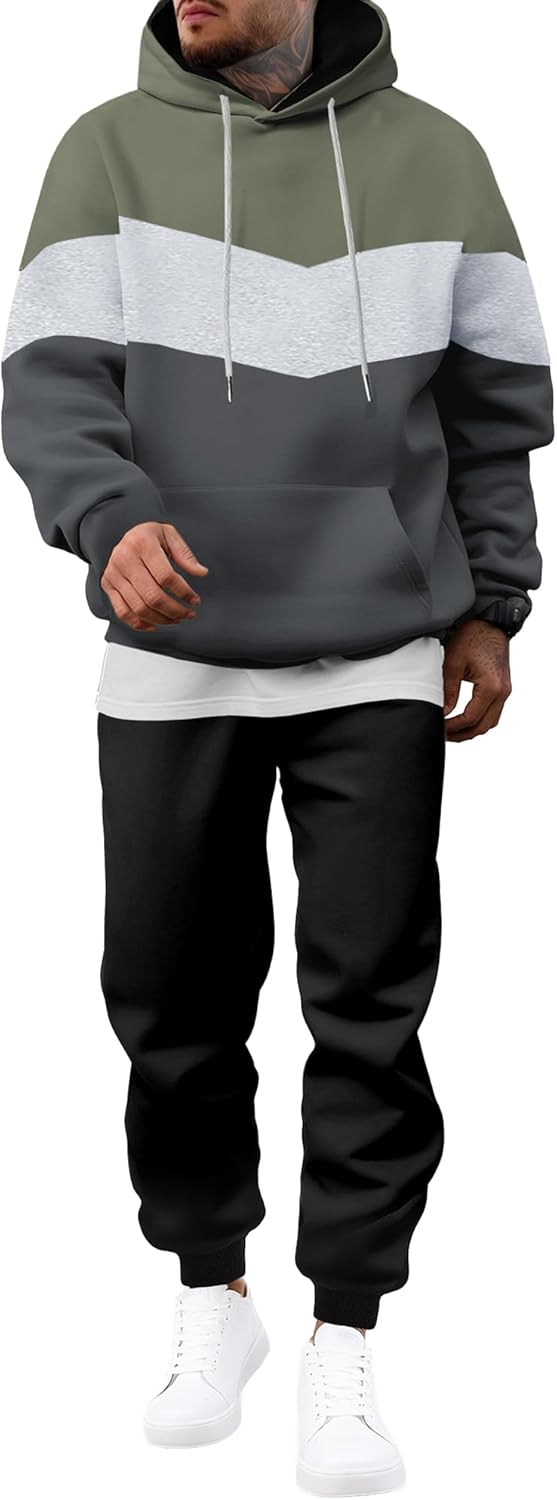 Men's Hoodie Tracksuit 2 Pieces Set Novelty Color Block Pullover Fleece Hoodies Long Sleeve Casual Sweatshirt