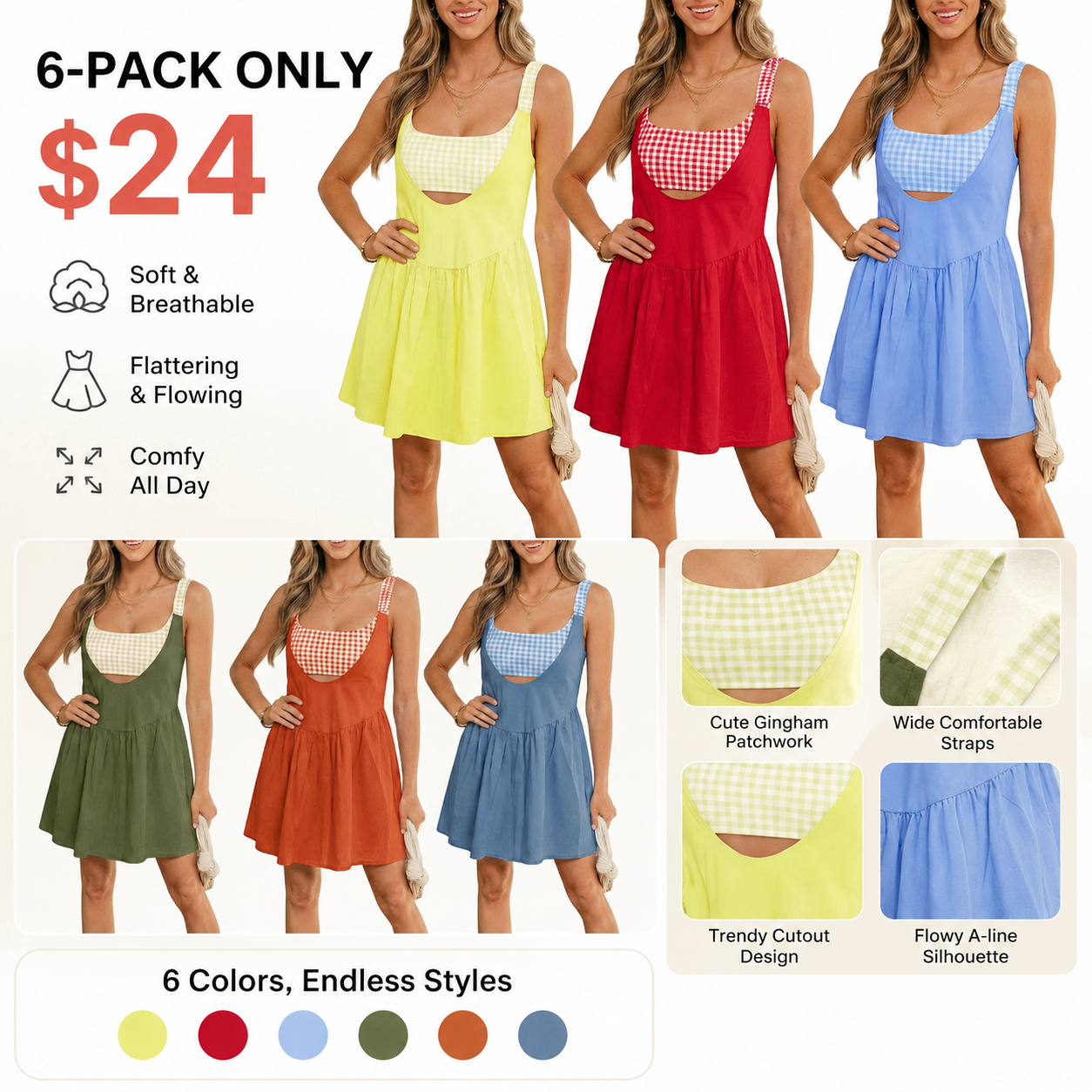 Women's Casual Gingham Contrast Mini Dress - Fake 2-Piece, Athletic Dress